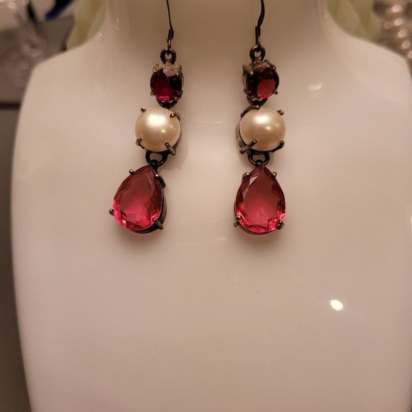Faux PINK TOURMALINE & FRESHWATER PEARL HANDCRAFTED Sterling EARRINGS - Picture 7 of 10